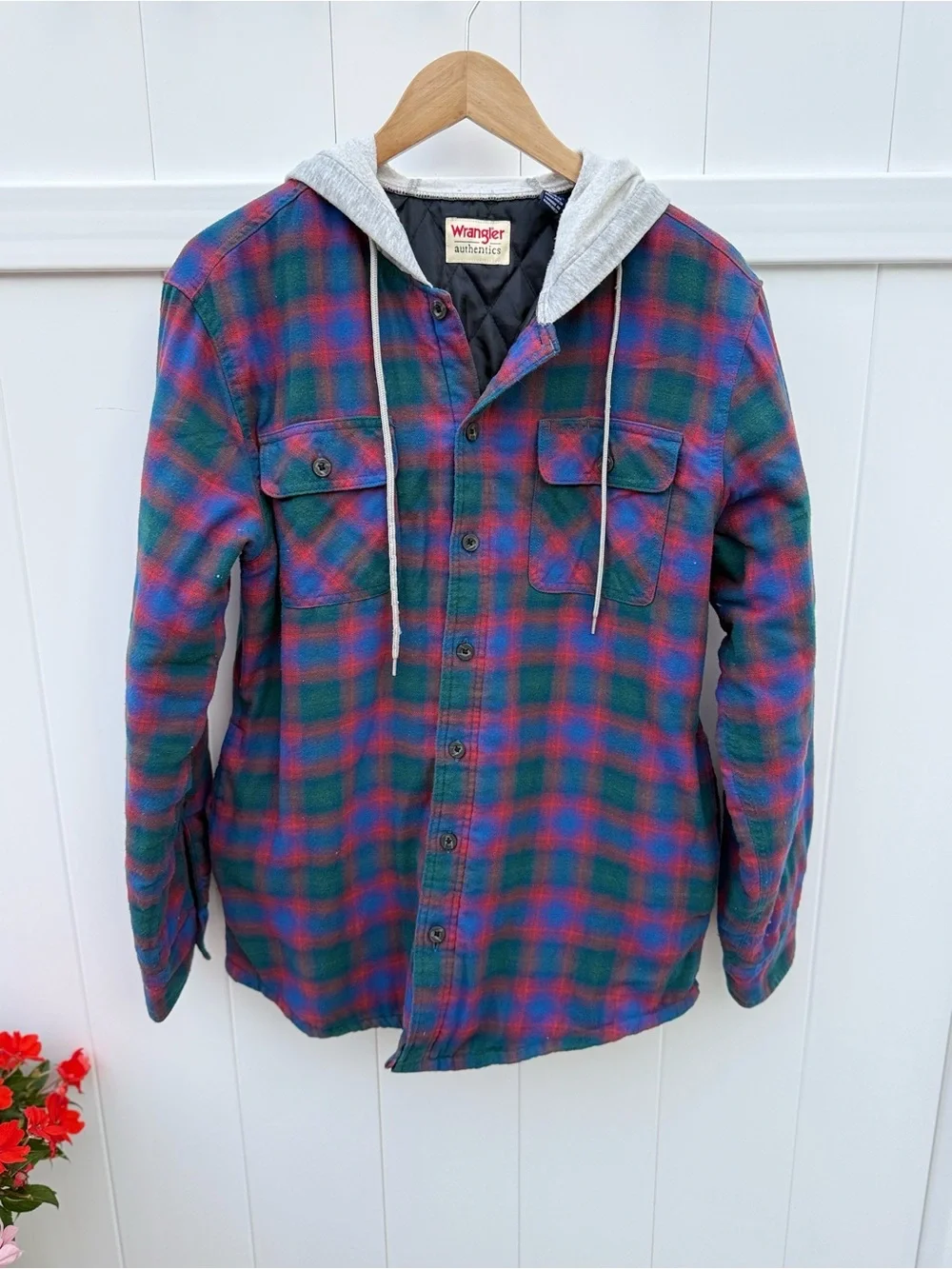 Vintage Wrangler Quilted Hooded Plaid Shacket in Blue, Green, Red